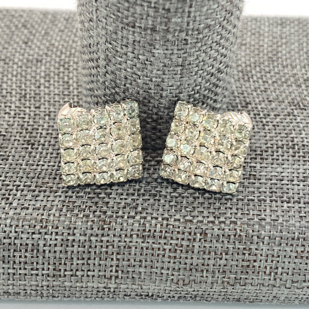 Vintage Clip On Earrings Silver Tone Mid Century Rhinestone Clear Square 0.75"